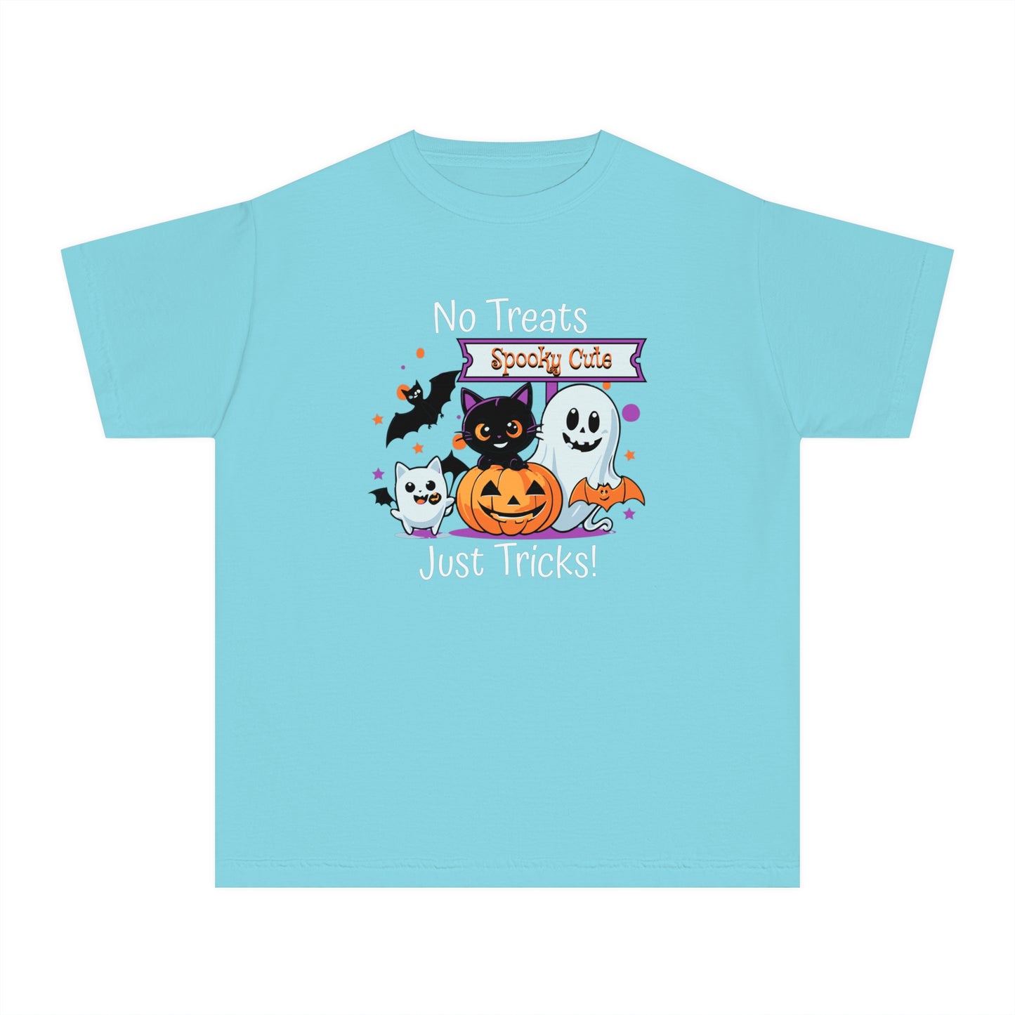 youth t-shirt, youth halloween t-shirt, no treats, just tricks!