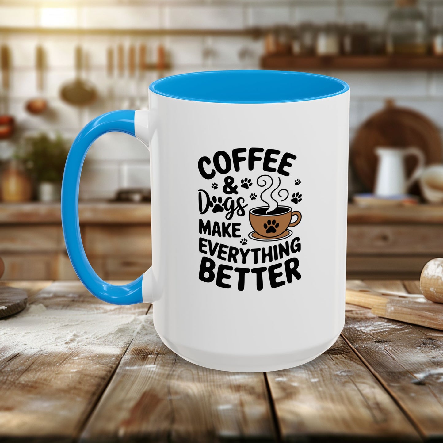 colorful mugs (11oz, 15oz) - coffee and dogs make everything better | funny dog lover gift | cute pet quote design
