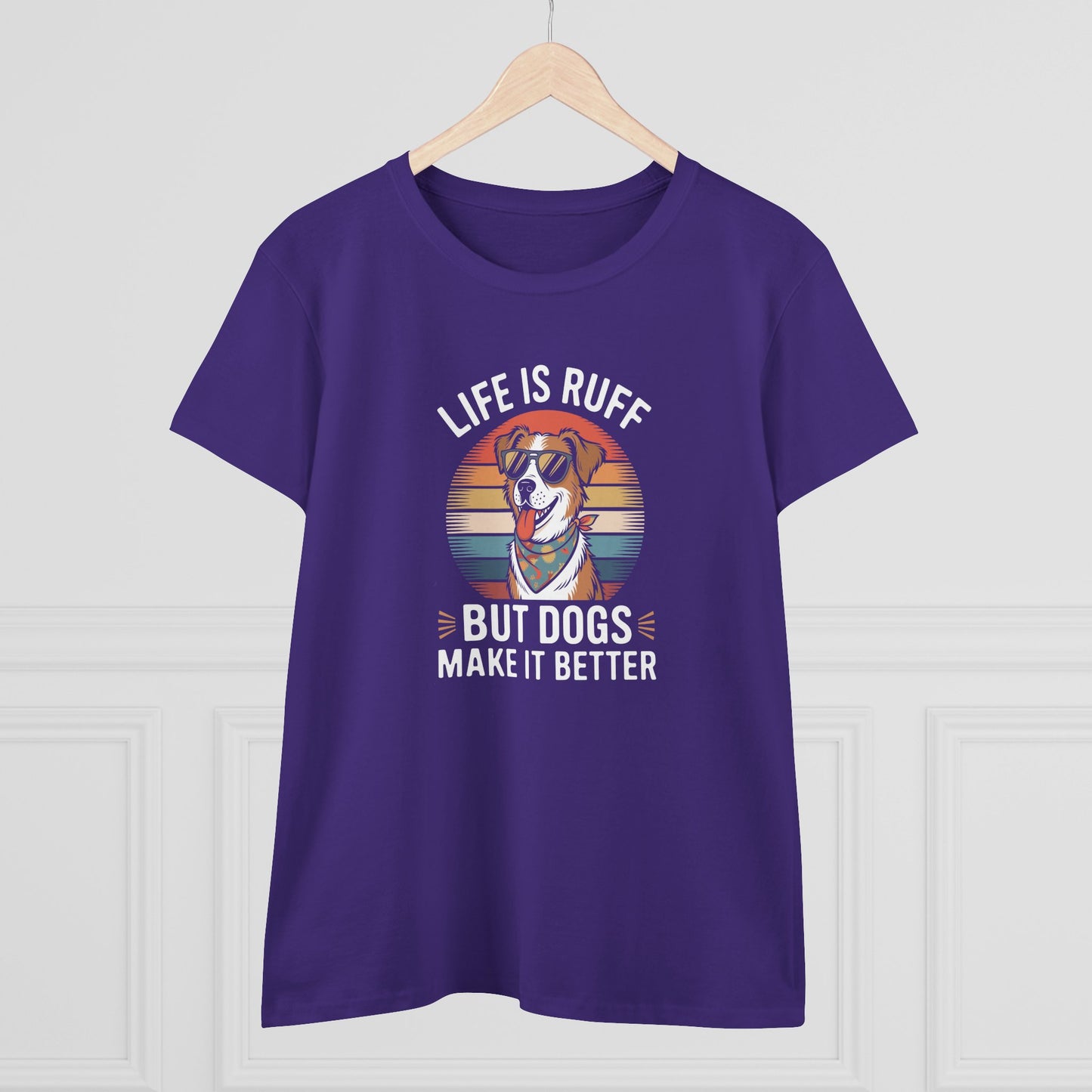 women's midweight cotton tee - live is ruff, but dogs make it better | funny dog lover gift | cute pet quote design