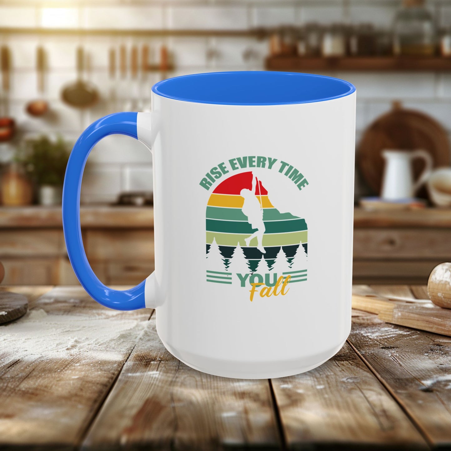 colorful mugs (11oz, 15oz) - rise every time you fall - resilience quote