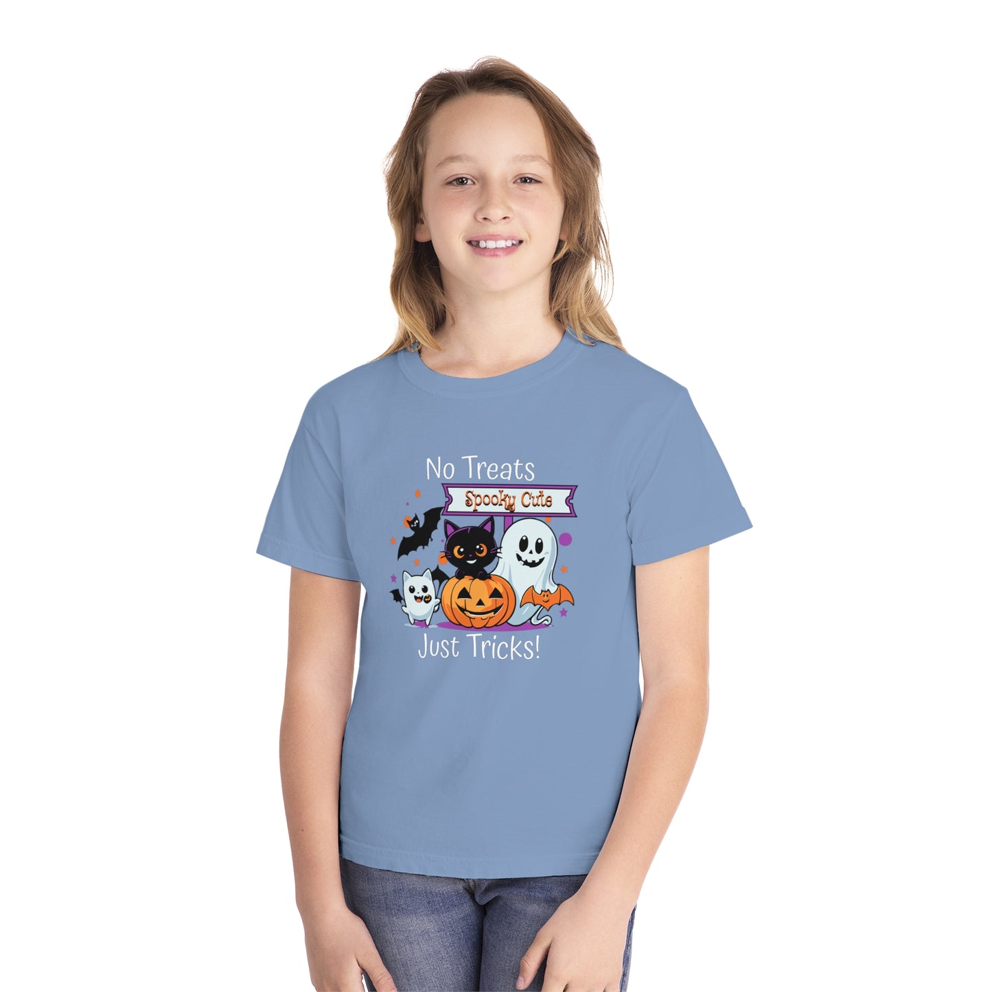 youth t-shirt, youth halloween t-shirt, no treats, just tricks!