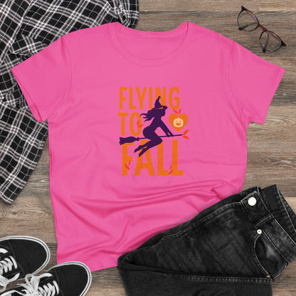 Women Halloween T-Shirt, Women Tee, Falling in Love - Witch Riding Broom, Halloween Gift