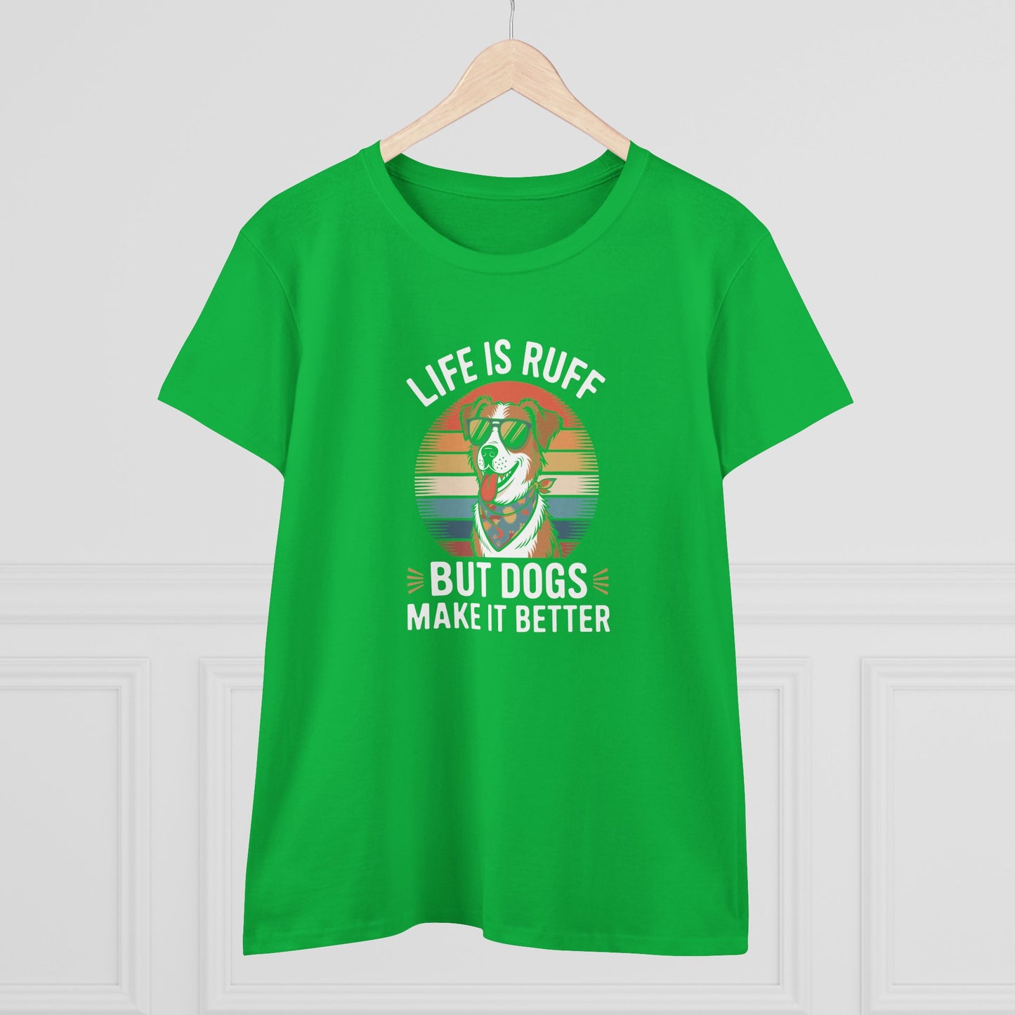 women's midweight cotton tee - live is ruff, but dogs make it better | funny dog lover gift | cute pet quote design