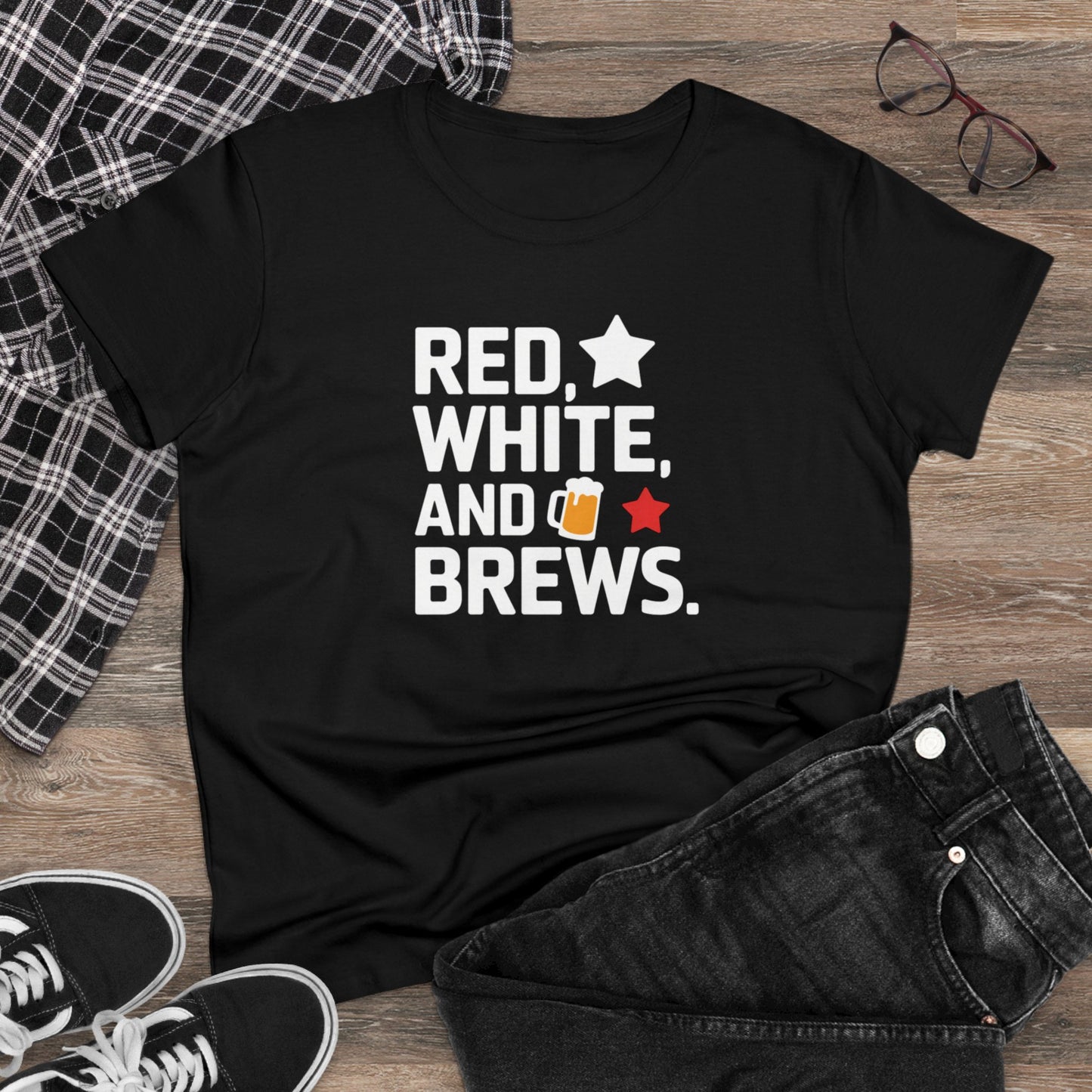 women's t-shirt, women's tee, funny gift, red white and brews!