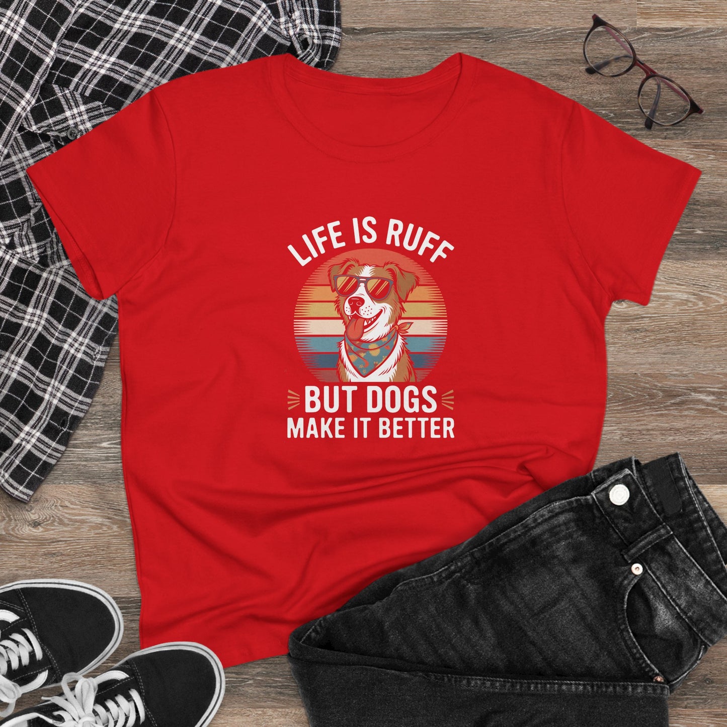 women's midweight cotton tee - live is ruff, but dogs make it better | funny dog lover gift | cute pet quote design