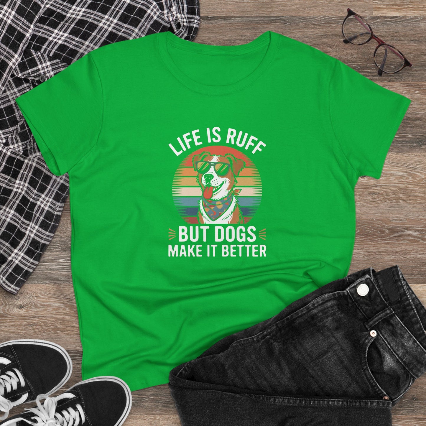 women's midweight cotton tee - live is ruff, but dogs make it better | funny dog lover gift | cute pet quote design