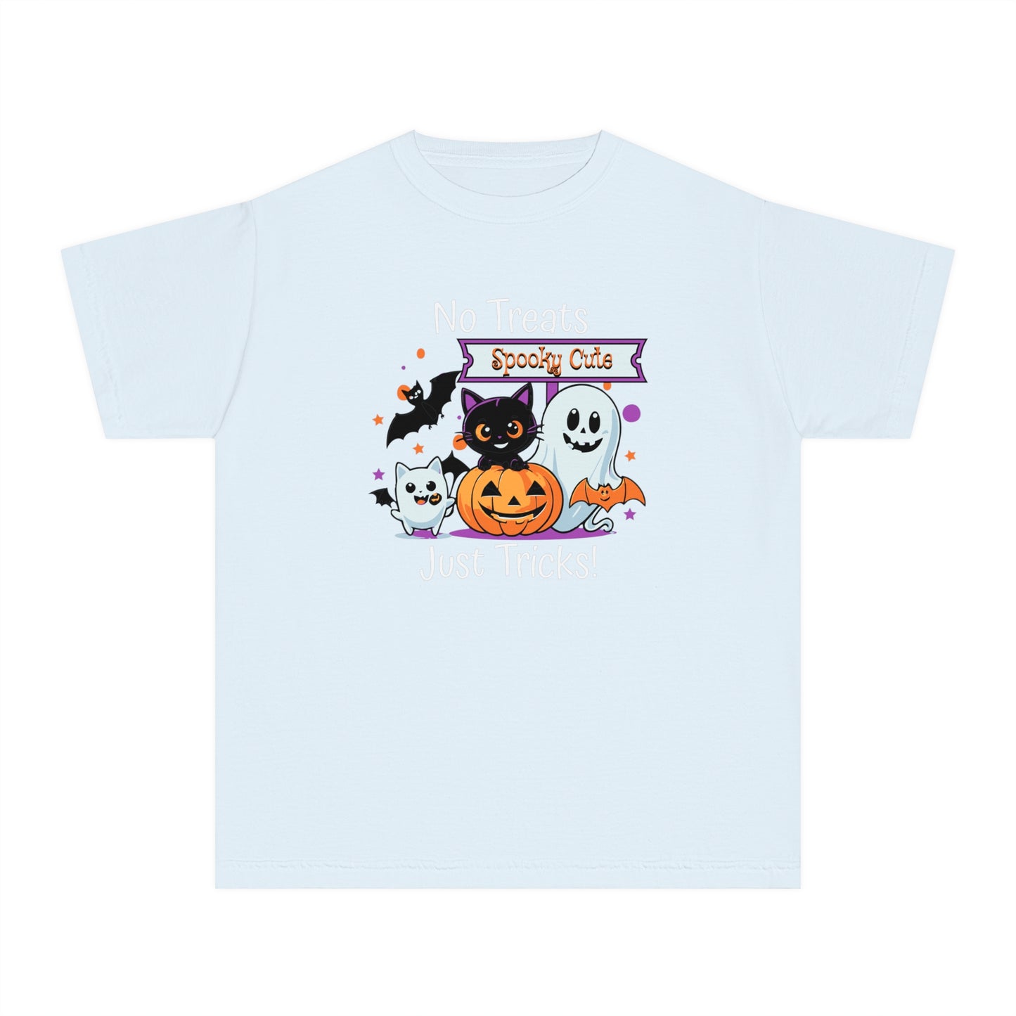 youth t-shirt, youth halloween t-shirt, no treats, just tricks!