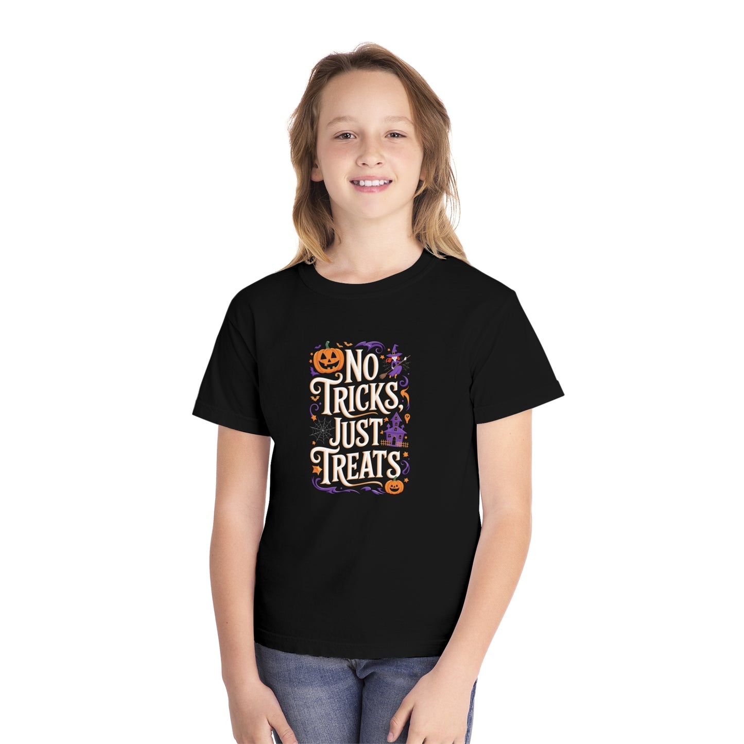 youth t-shirt, youth halloween t-shirt, no tricks just treats!