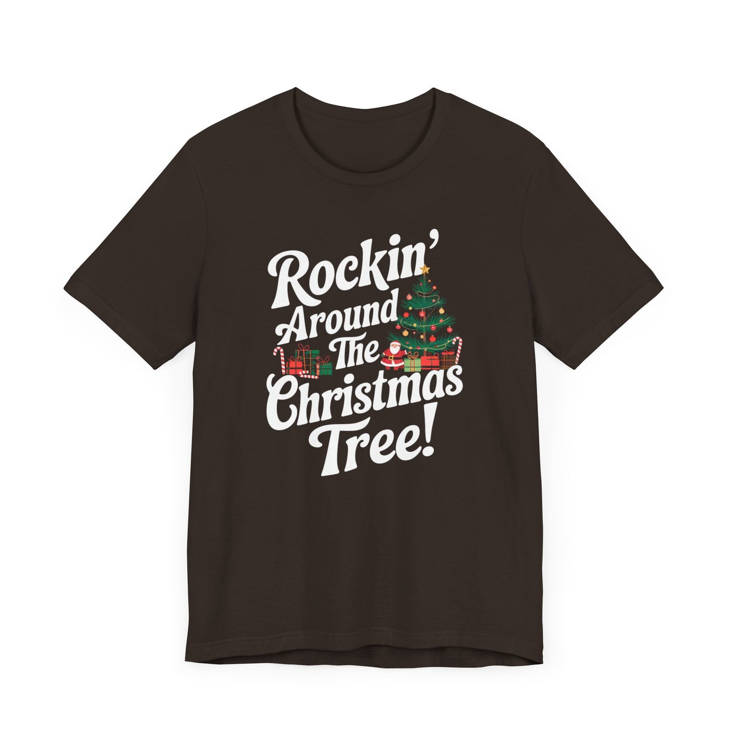 men & women christmas t-shirt. rocking around the christmas tree. unisex christmas t-shirt.