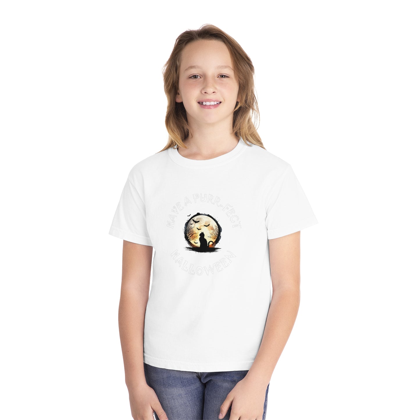 youth t-shirt, girls tee, cat lovers halloween - have a purr_fect halloween