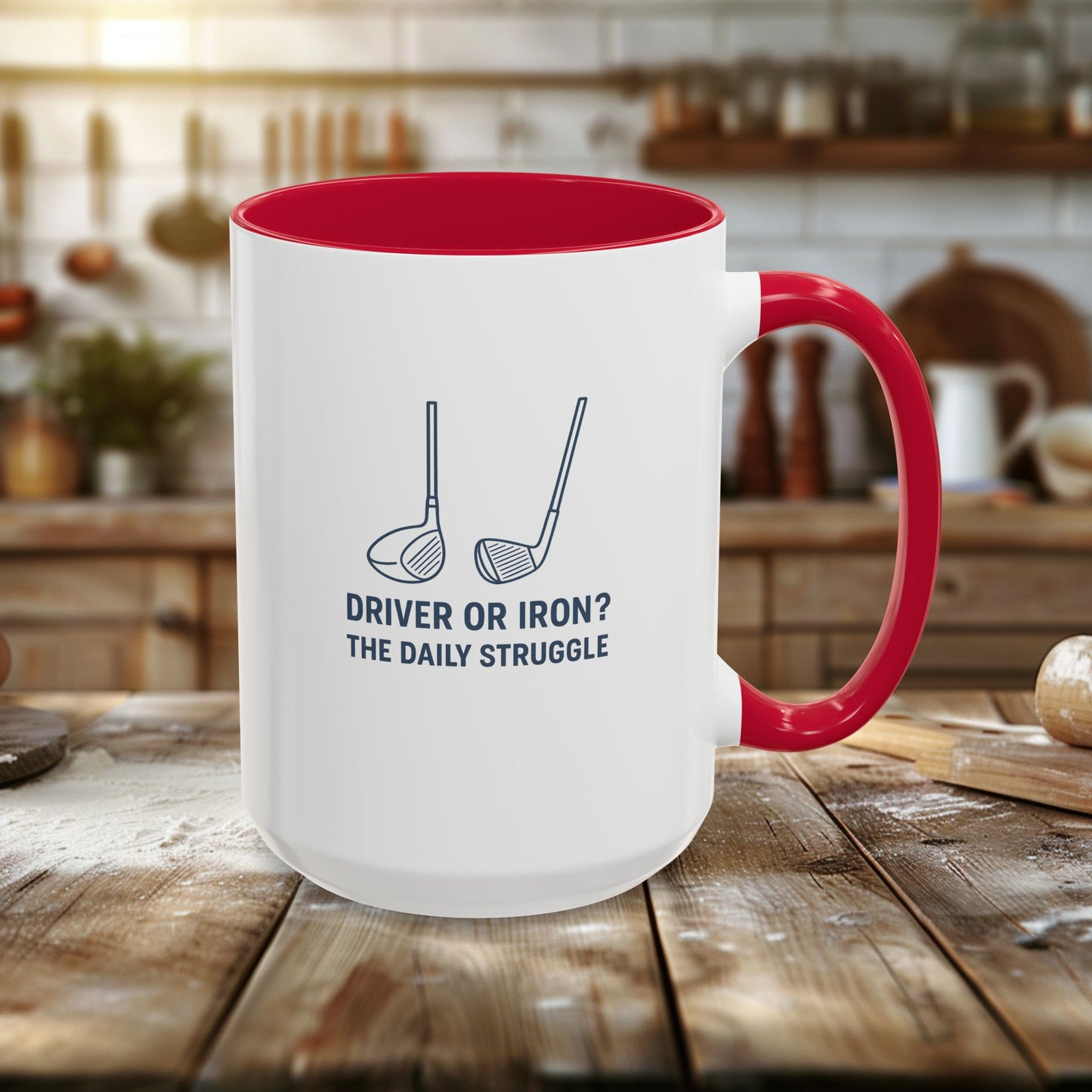 colorful golf mug - driver or iron? the daily struggle
