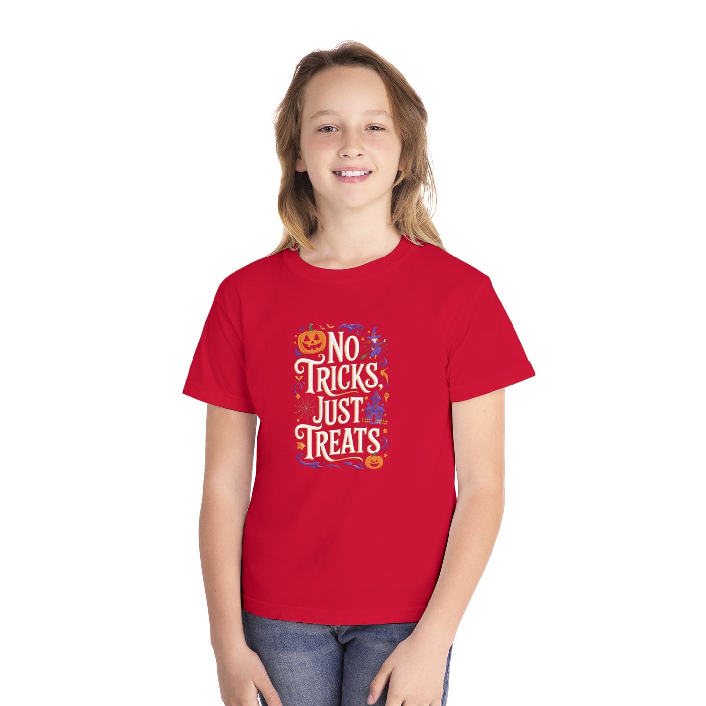 youth t-shirt, youth halloween t-shirt, no tricks just treats!