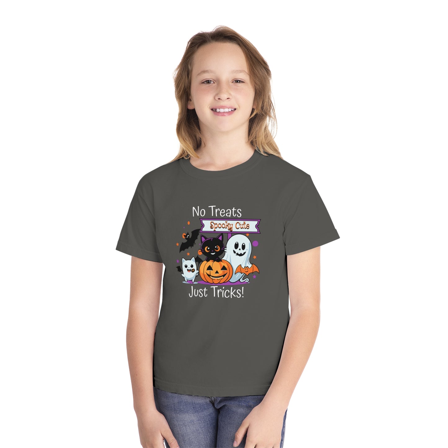 youth t-shirt, youth halloween t-shirt, no treats, just tricks!