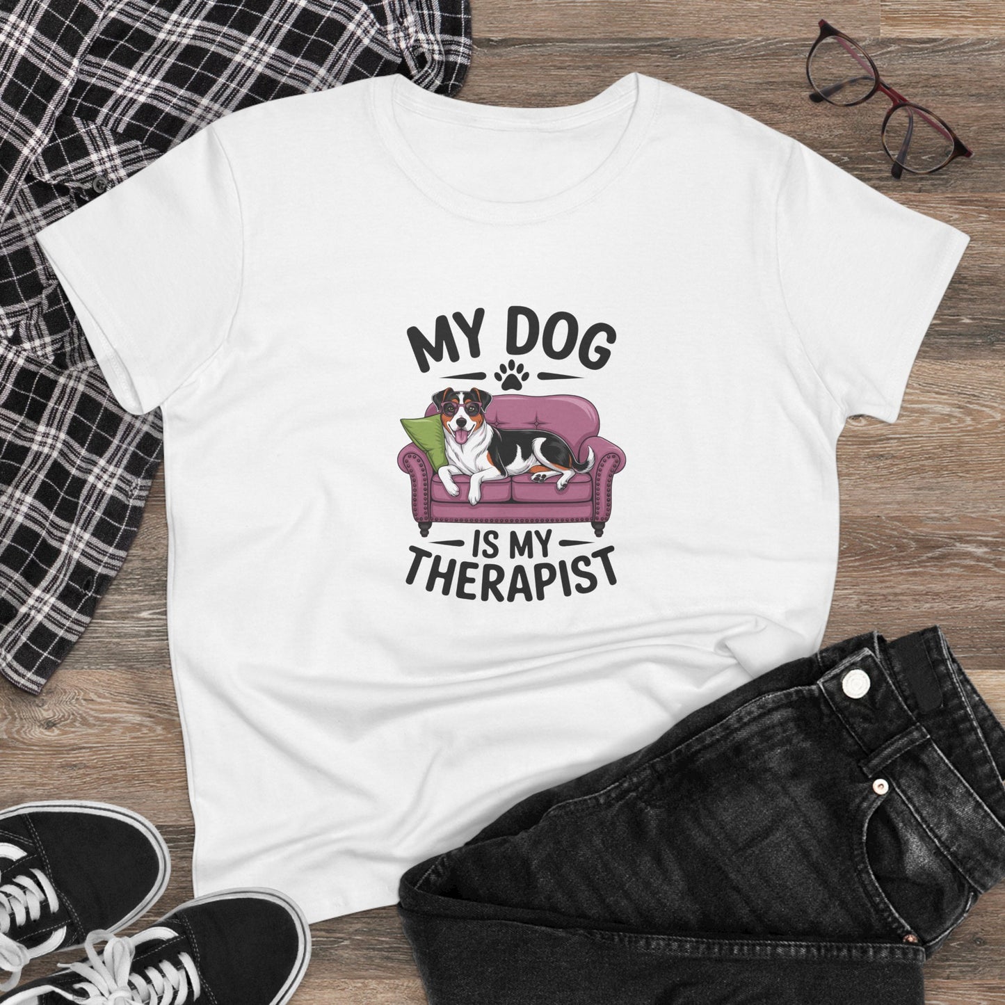 women's midweight cotton tee - my dog is my therapist | funny dog lover gift | cute pet quote design