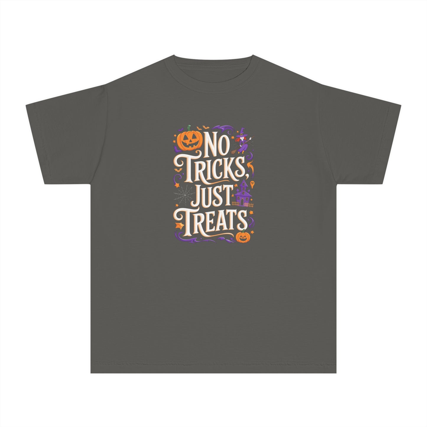 youth t-shirt, youth halloween t-shirt, no tricks just treats!