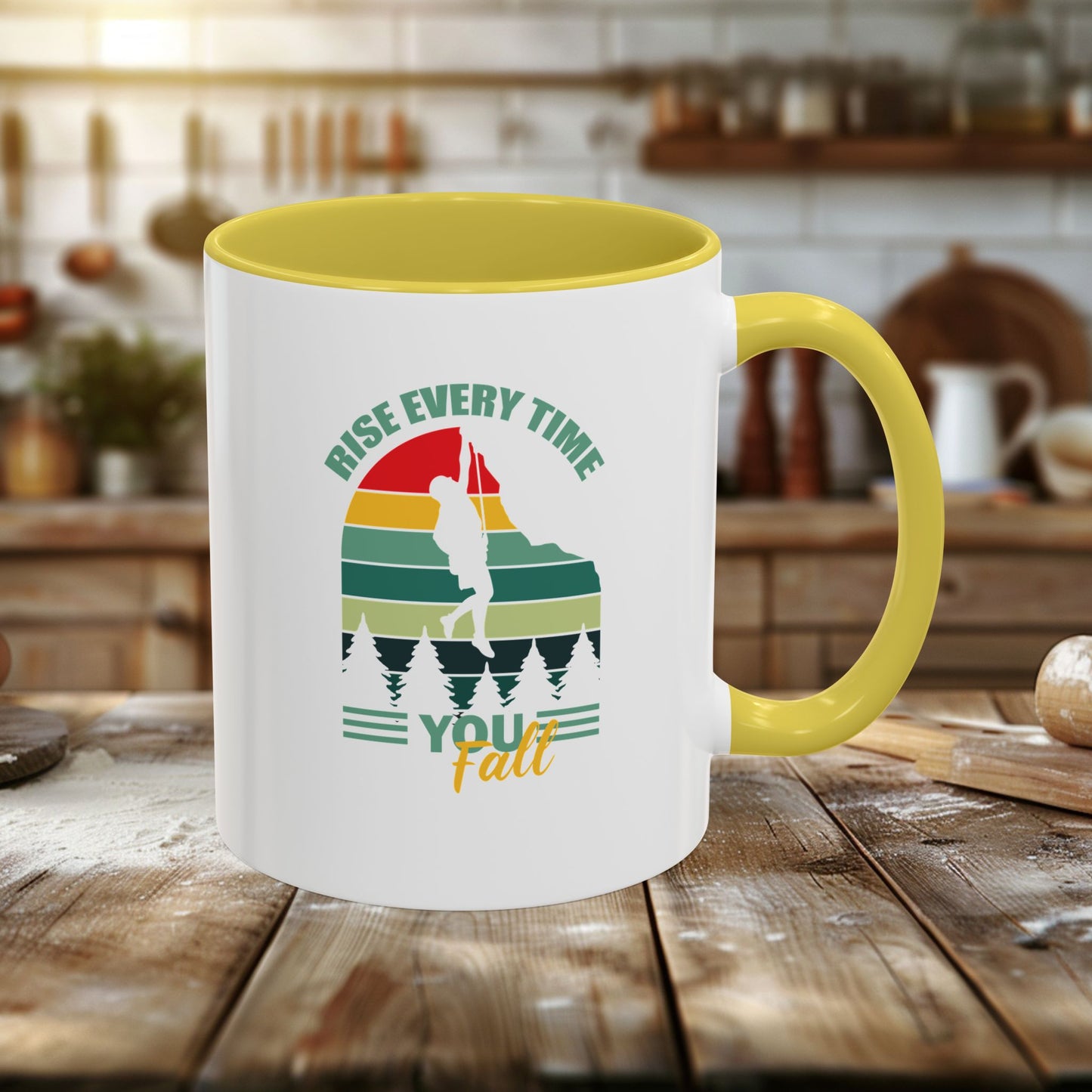 colorful mugs (11oz, 15oz) - rise every time you fall - resilience quote