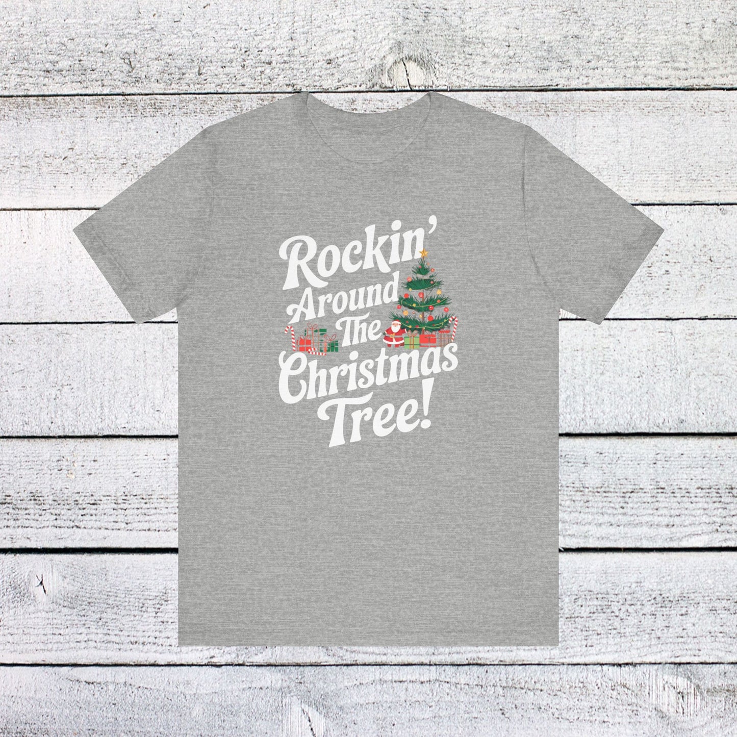 men & women christmas t-shirt. rocking around the christmas tree. unisex christmas t-shirt.