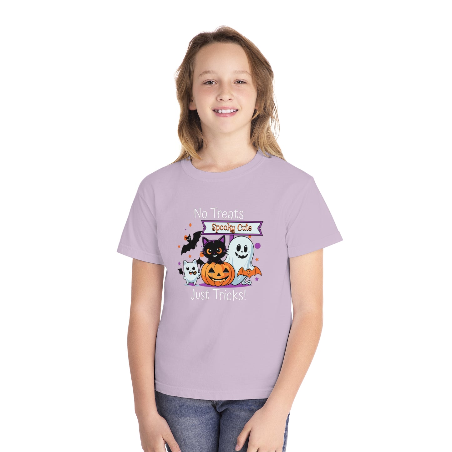 youth t-shirt, youth halloween t-shirt, no treats, just tricks!