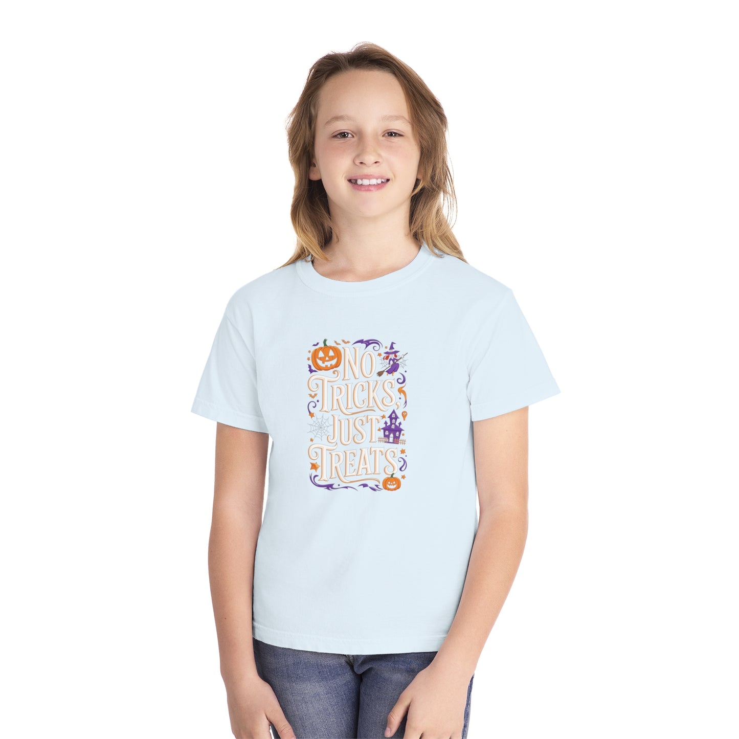 youth t-shirt, youth halloween t-shirt, no tricks just treats!