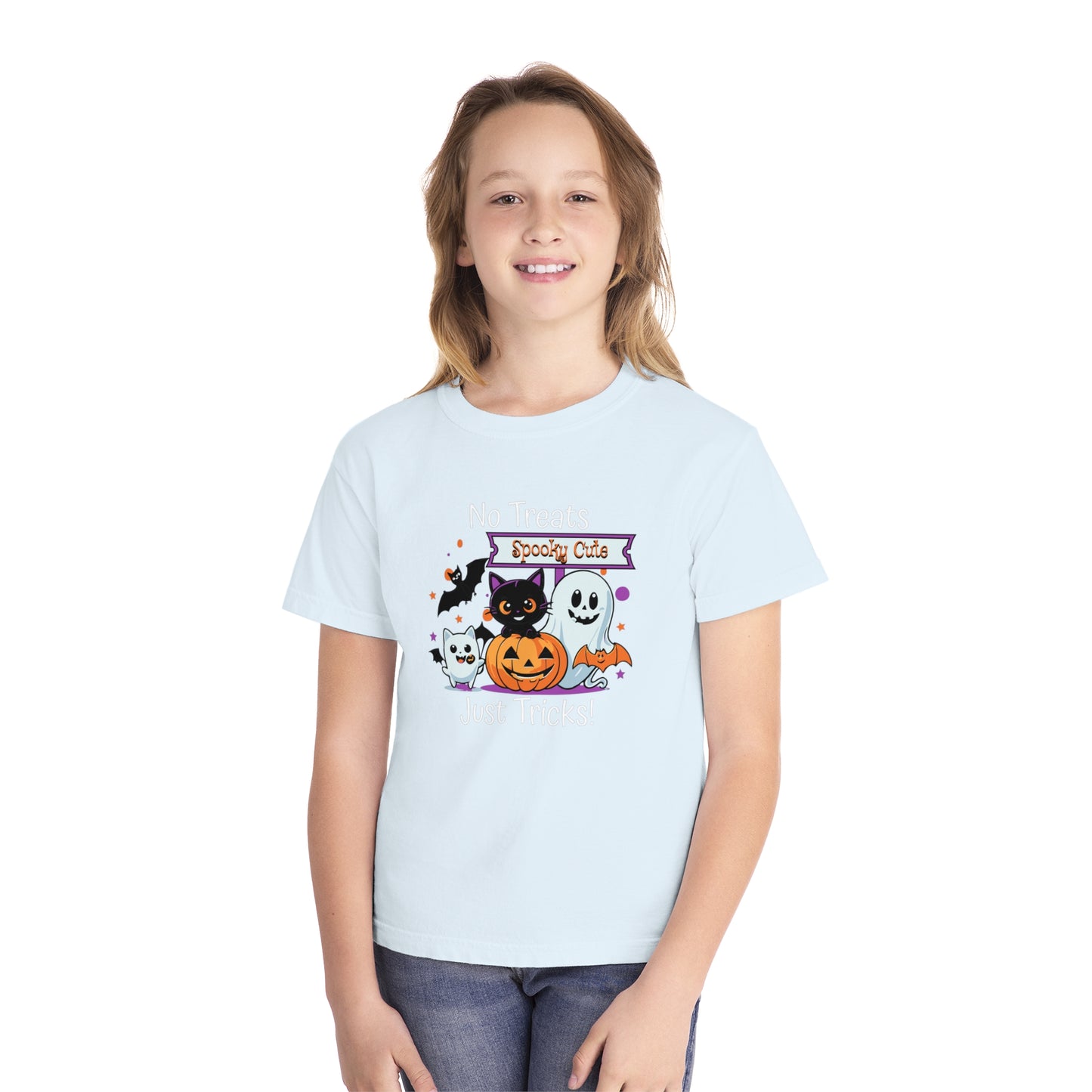 youth t-shirt, youth halloween t-shirt, no treats, just tricks!