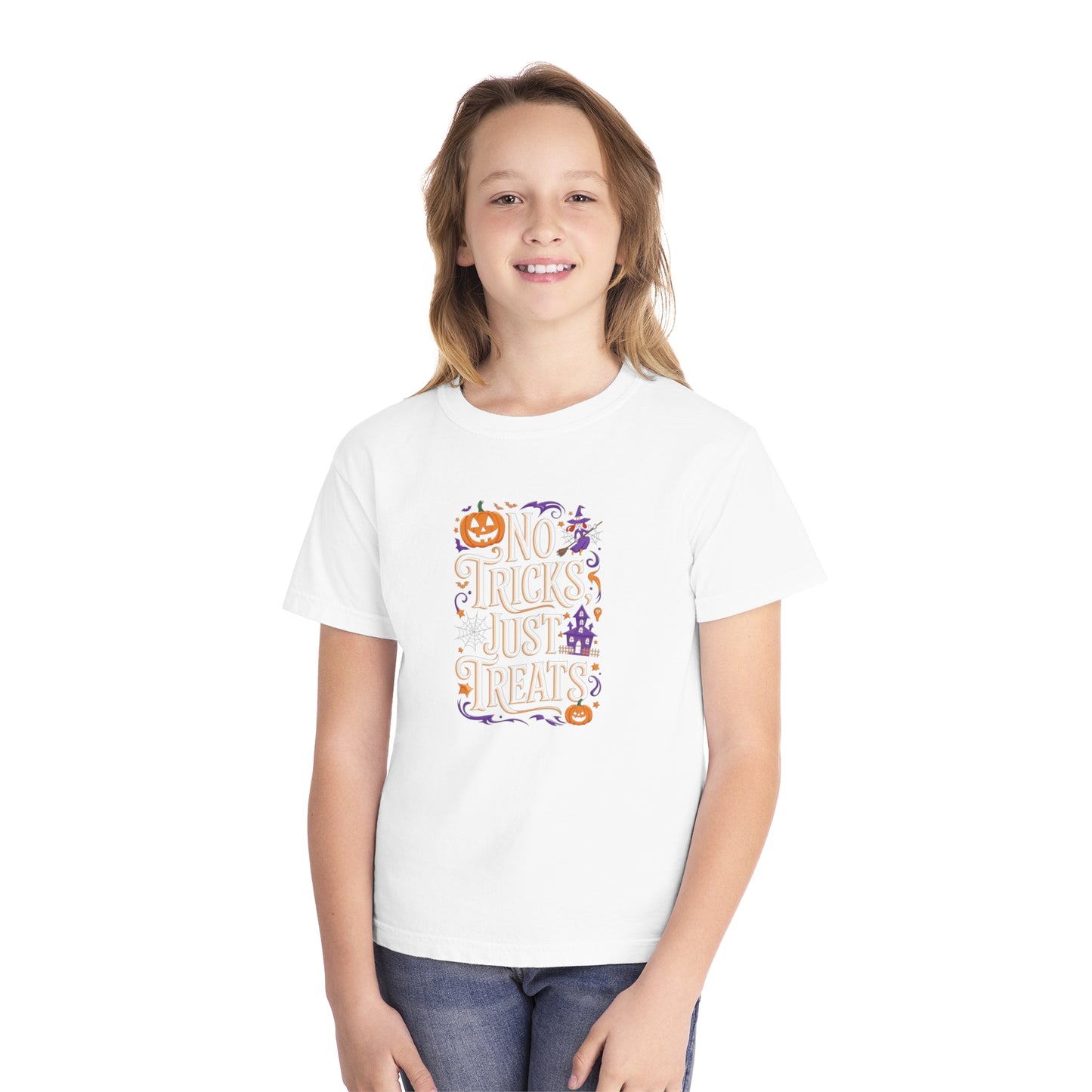 youth t-shirt, youth halloween t-shirt, no tricks just treats!