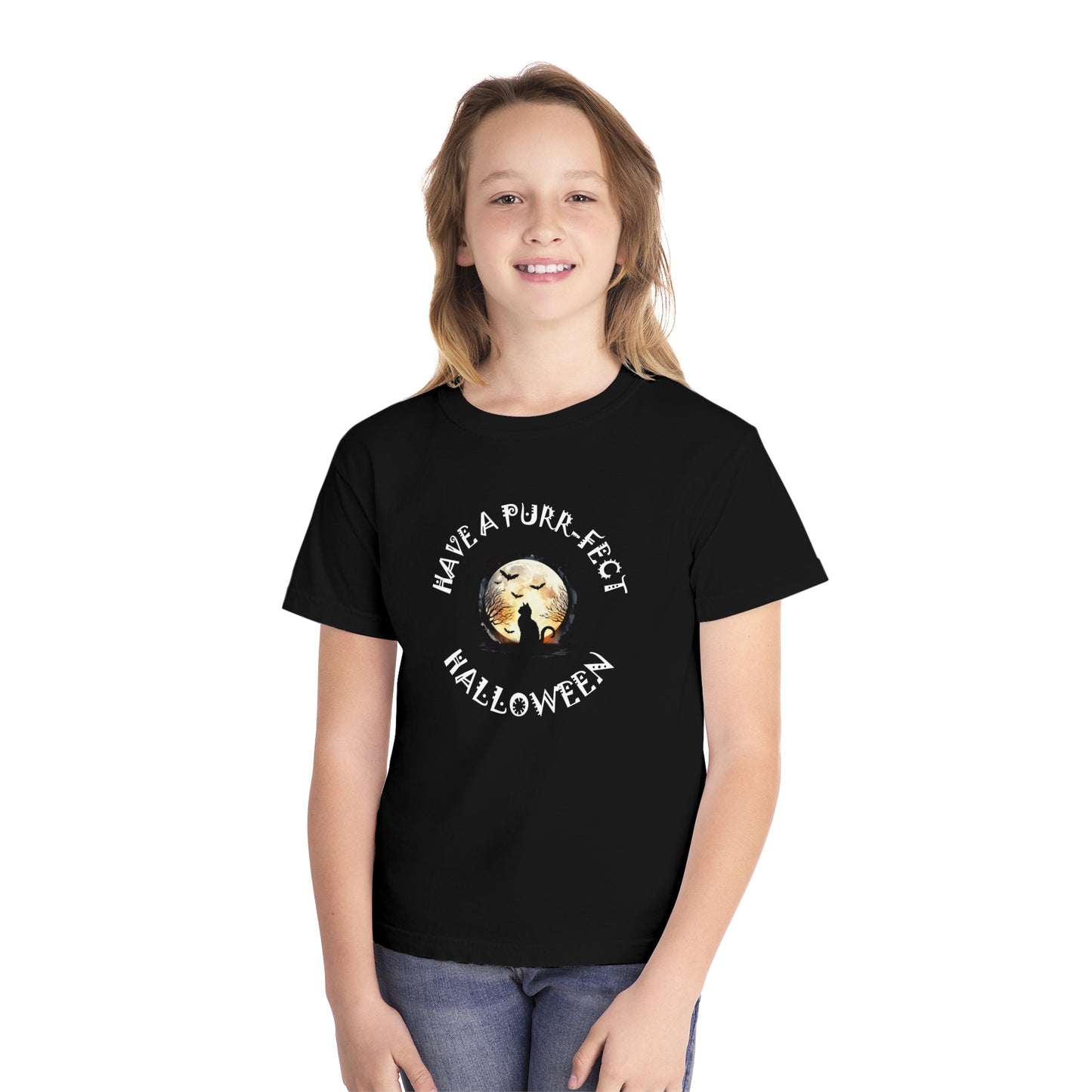 youth t-shirt, girls tee, cat lovers halloween - have a purr_fect halloween