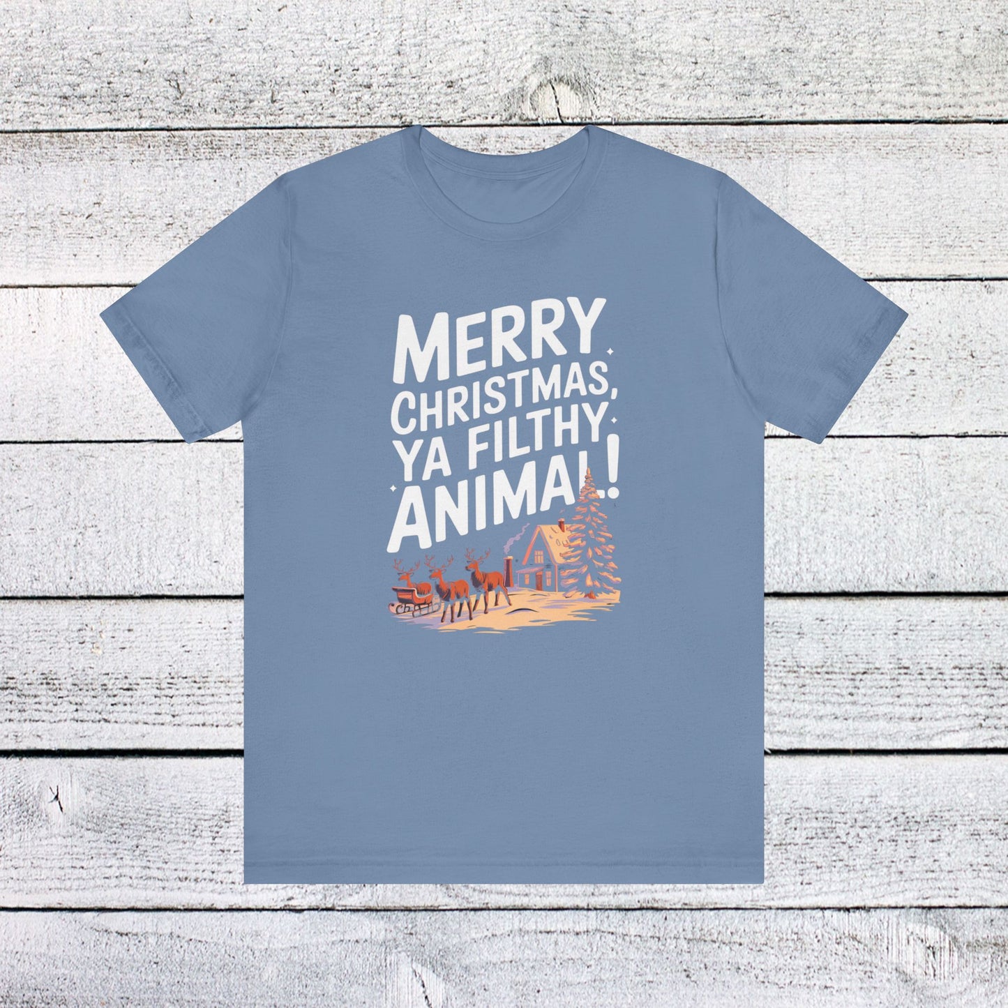 men & women christmas t-shirt. merry christmas ya filthy animal. unisex christmas t-shirt.