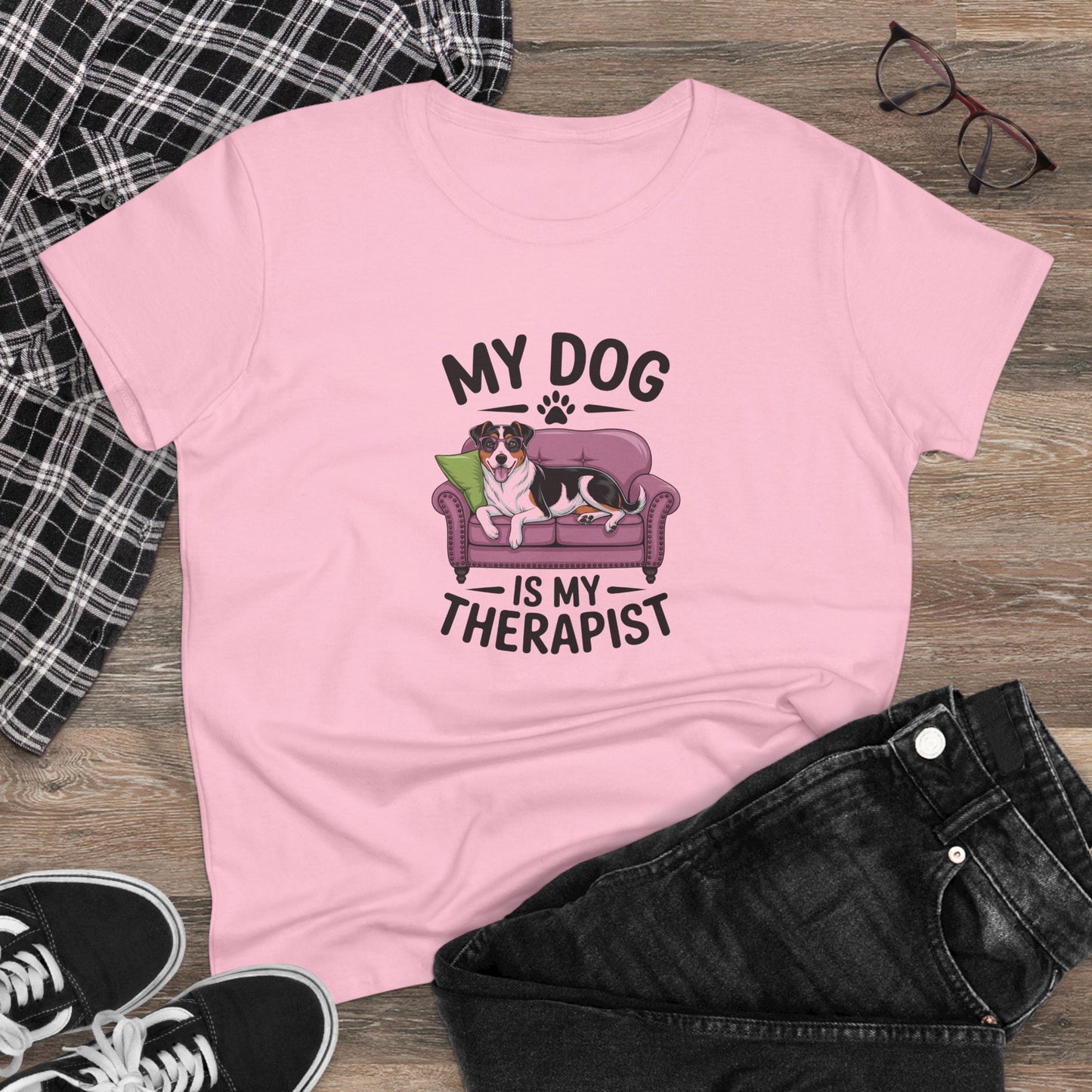 women's midweight cotton tee - my dog is my therapist | funny dog lover gift | cute pet quote design