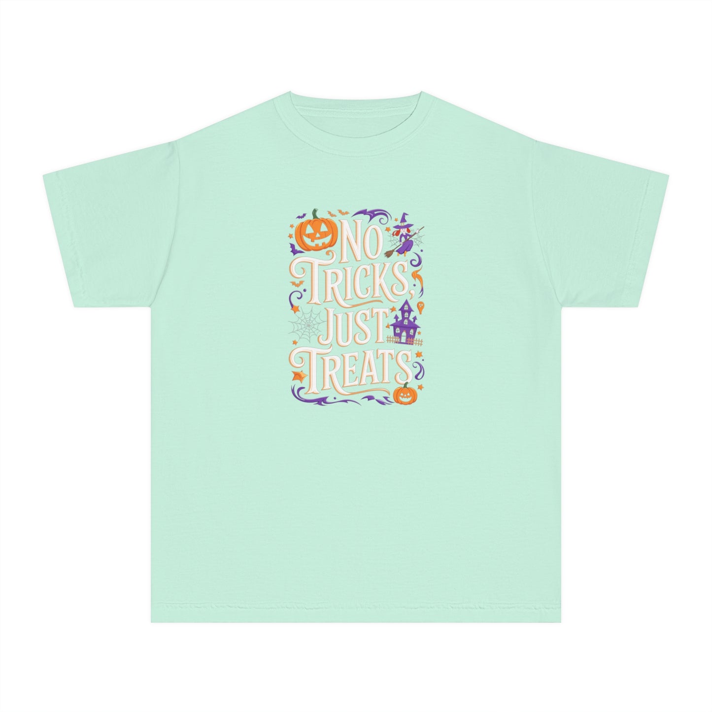 youth t-shirt, youth halloween t-shirt, no tricks just treats!