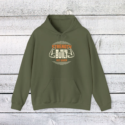 Unisex Heavy Blend™ Hooded Sweatshirt - Strength is Built Not Given - Motivational Gym Quote