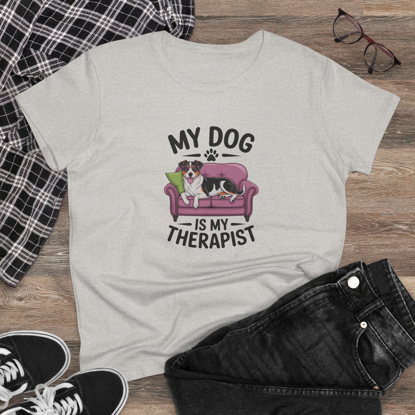 women's midweight cotton tee - my dog is my therapist | funny dog lover gift | cute pet quote design