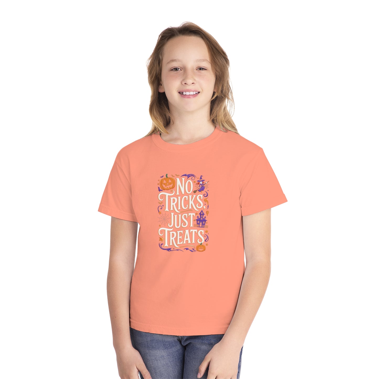 youth t-shirt, youth halloween t-shirt, no tricks just treats!