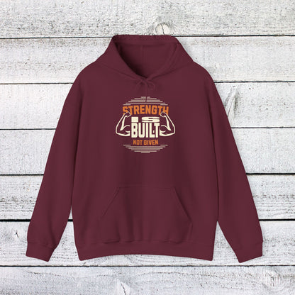 Unisex Heavy Blend™ Hooded Sweatshirt - Strength is Built Not Given - Motivational Gym Quote