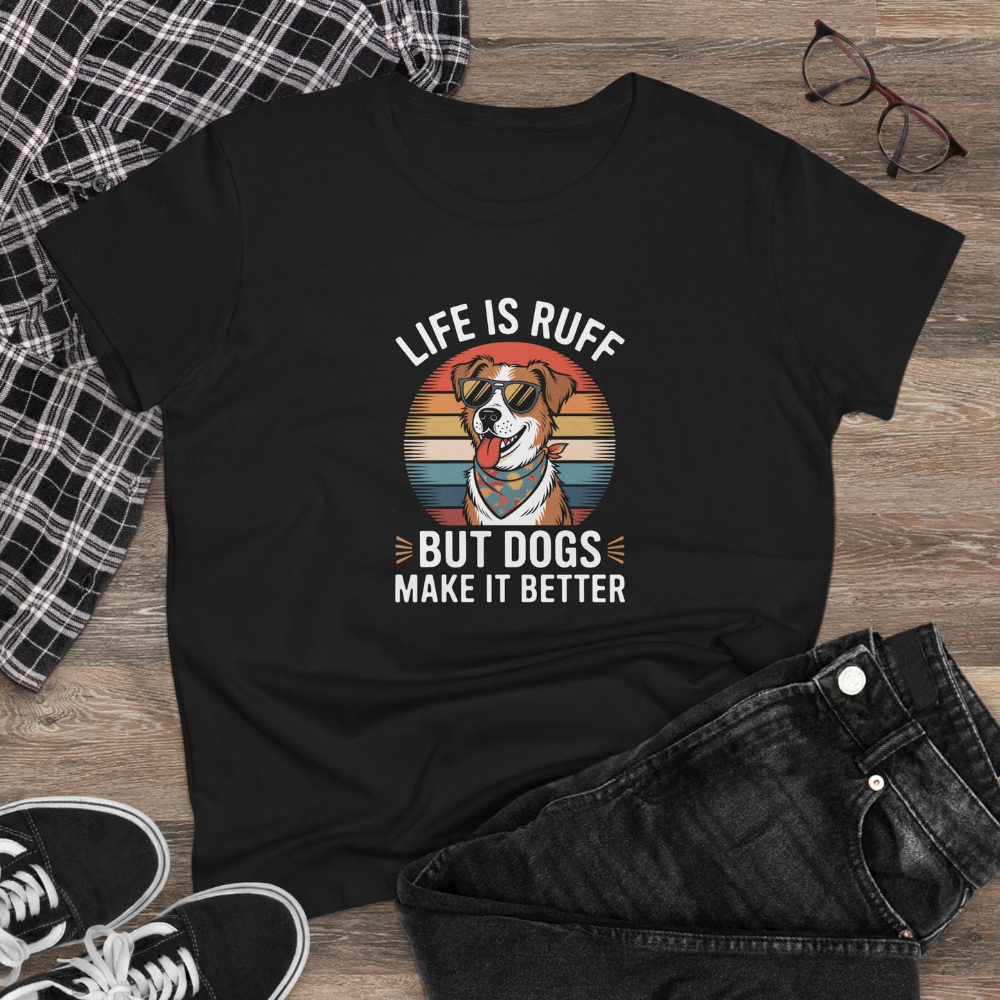 women's midweight cotton tee - live is ruff, but dogs make it better | funny dog lover gift | cute pet quote design