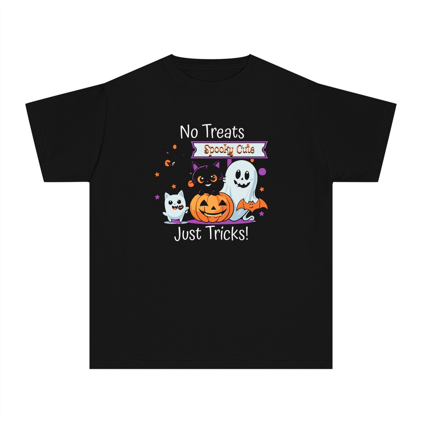 youth t-shirt, youth halloween t-shirt, no treats, just tricks!