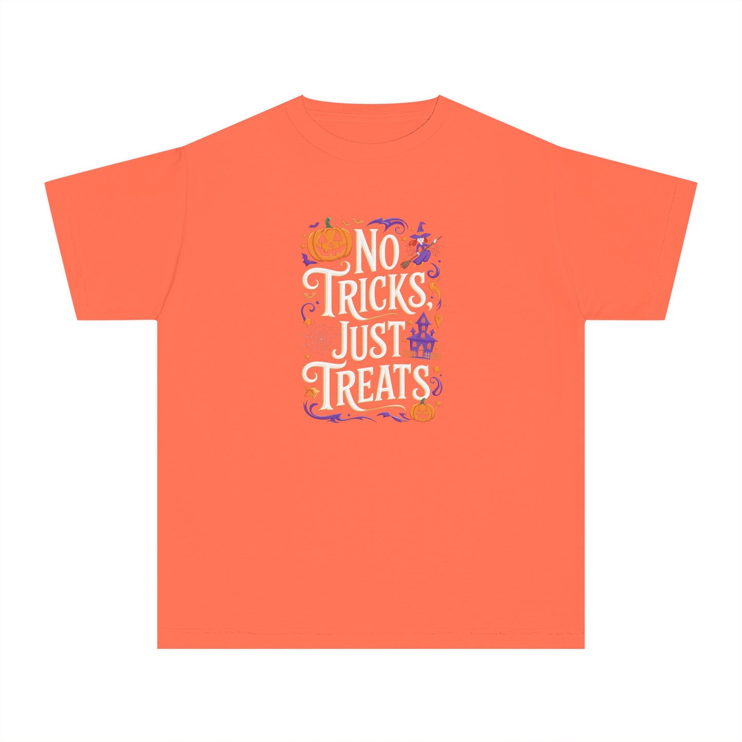 youth t-shirt, youth halloween t-shirt, no tricks just treats!