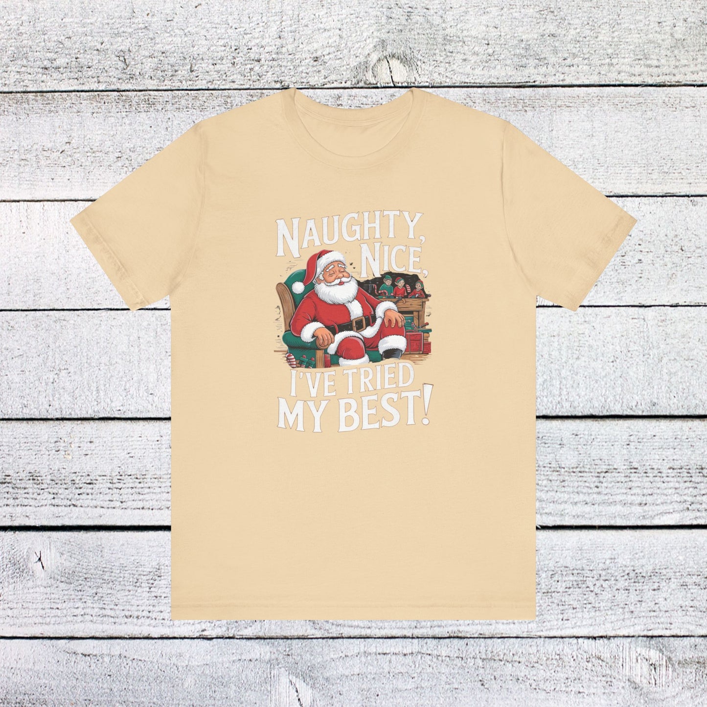 men & women christmas t-shirt. naughty, nice, tried my best. unisex christmas t-shirt.