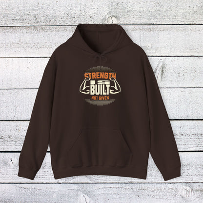 Unisex Heavy Blend™ Hooded Sweatshirt - Strength is Built Not Given - Motivational Gym Quote