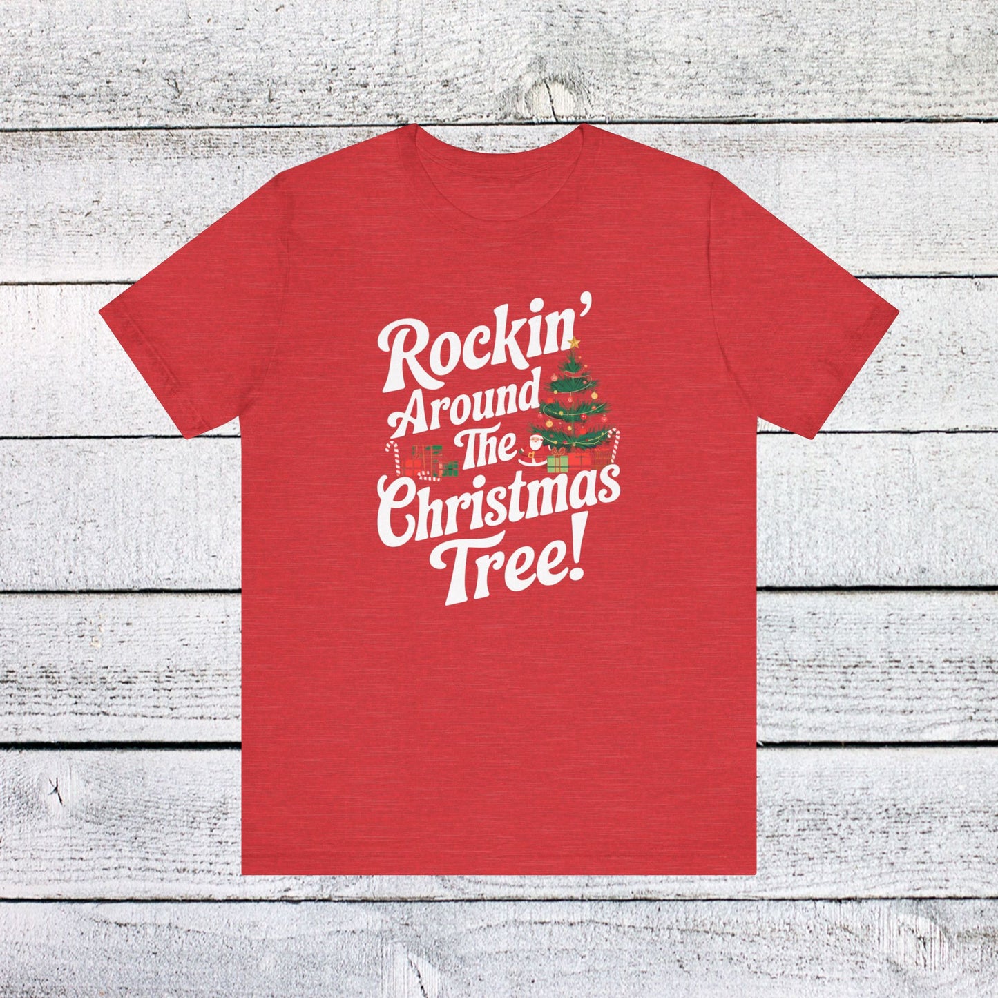 men & women christmas t-shirt. rocking around the christmas tree. unisex christmas t-shirt.