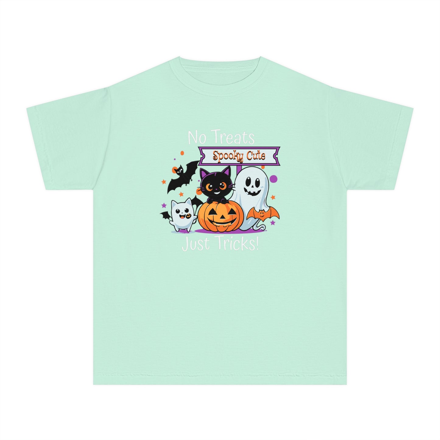 youth t-shirt, youth halloween t-shirt, no treats, just tricks!