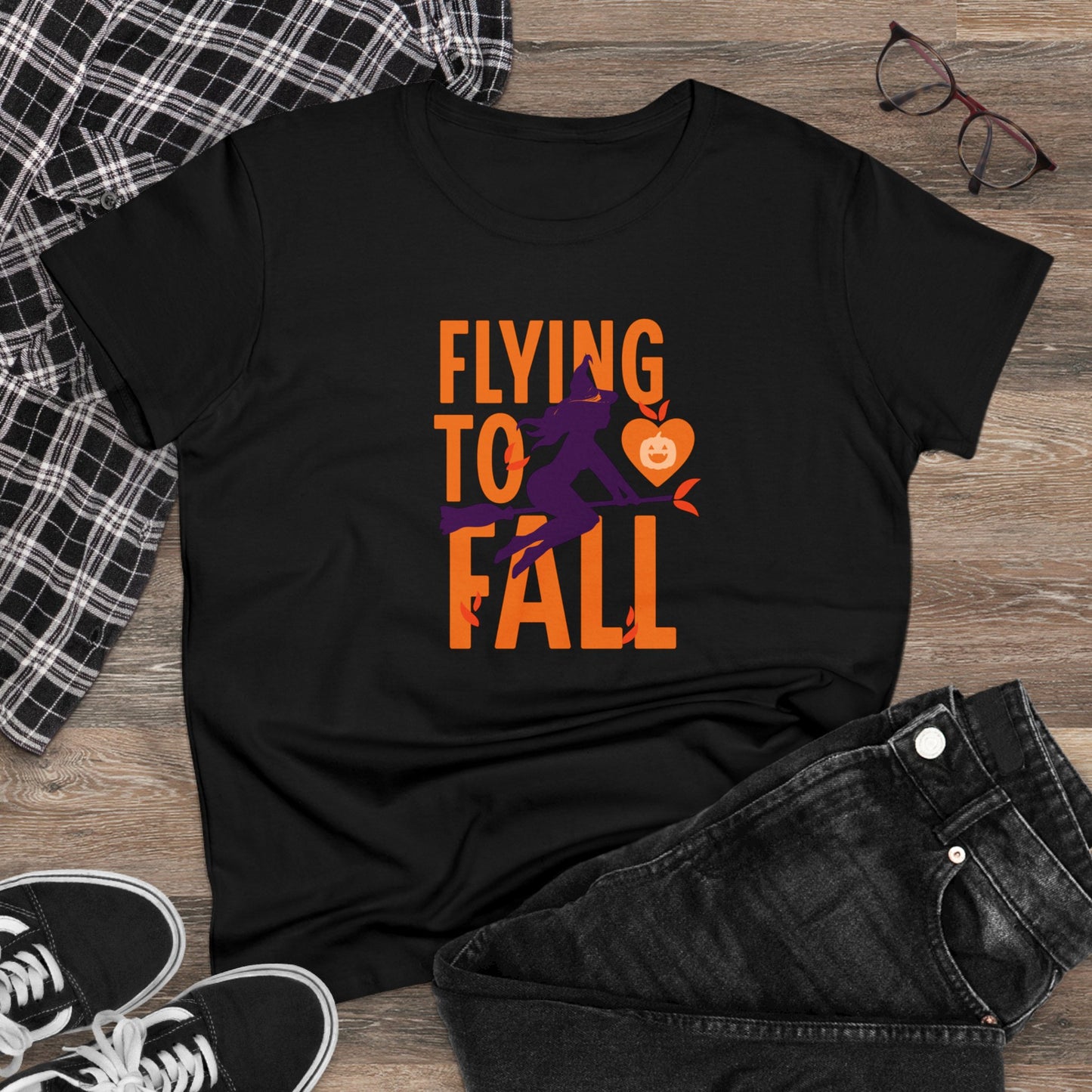 women halloween t-shirt, women tee, falling in love - witch riding broom, halloween gift