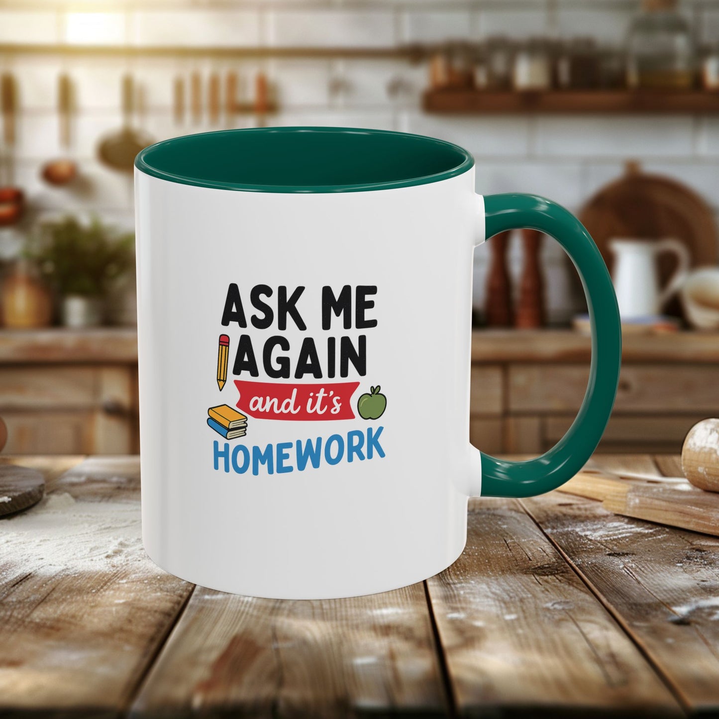 colorful 'ask me again, it's homework' mug - perfect for students. teachers with attitude.