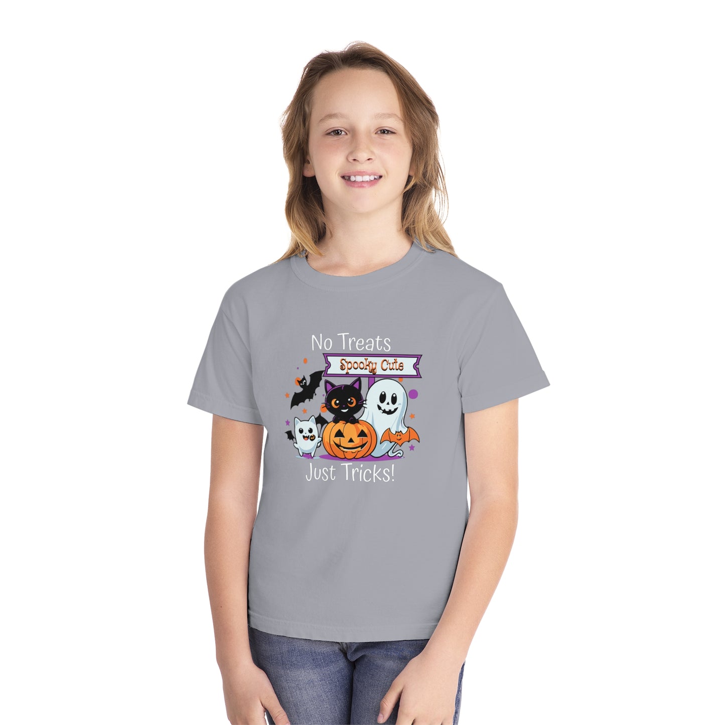 youth t-shirt, youth halloween t-shirt, no treats, just tricks!