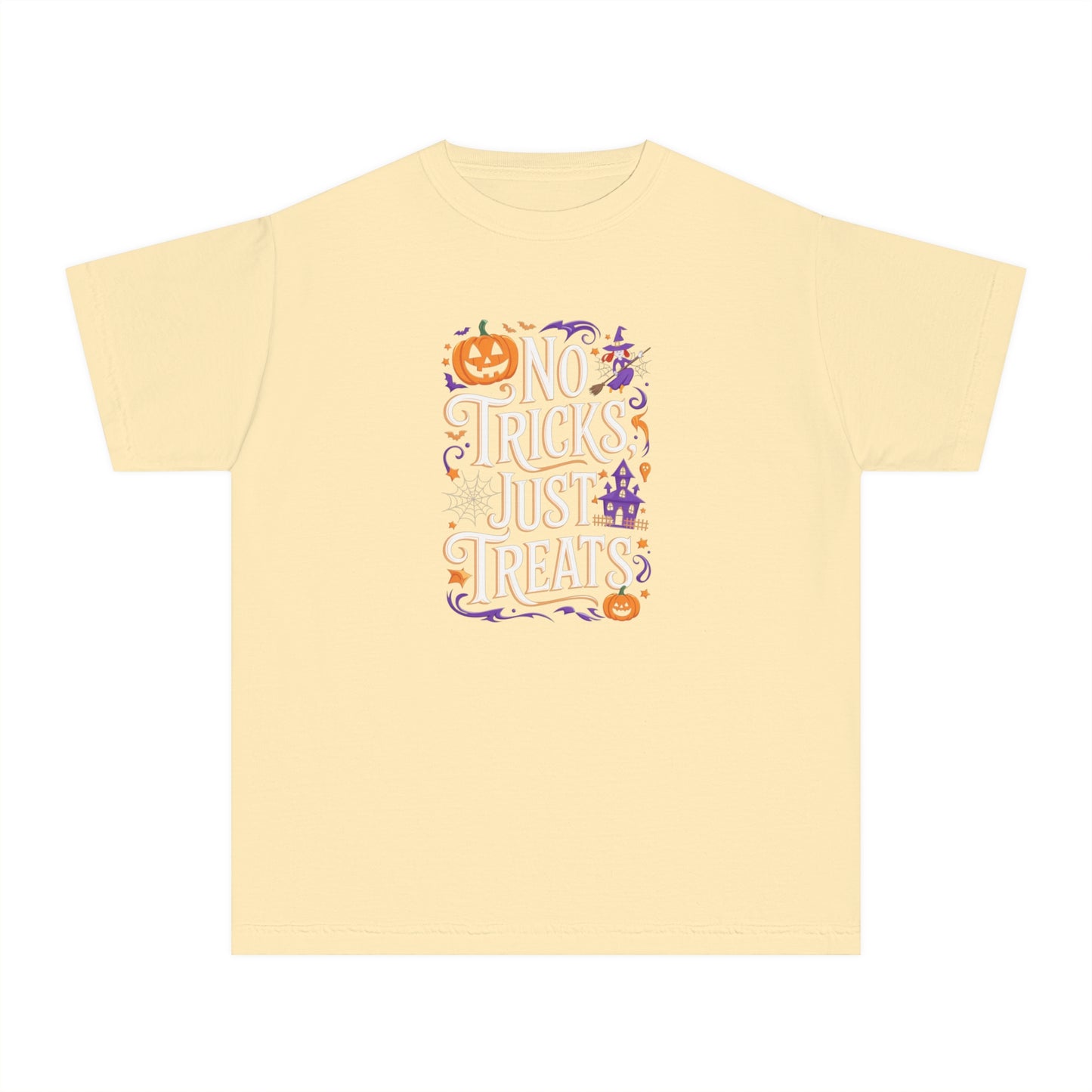 youth t-shirt, youth halloween t-shirt, no tricks just treats!