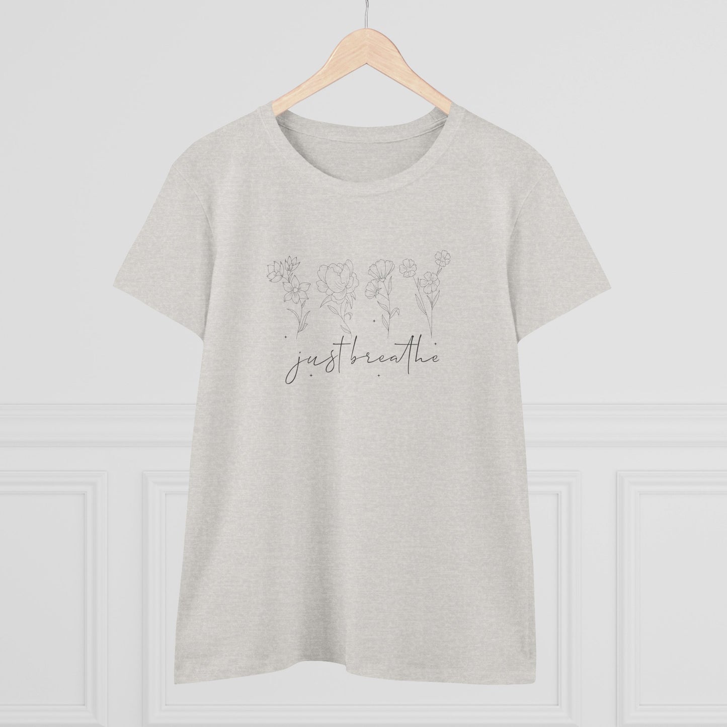 women's midweight cotton tee - just breathe - calm and mindful quote