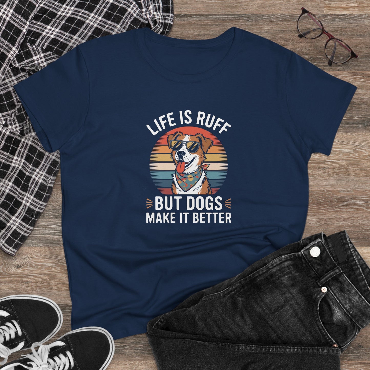 women's midweight cotton tee - live is ruff, but dogs make it better | funny dog lover gift | cute pet quote design