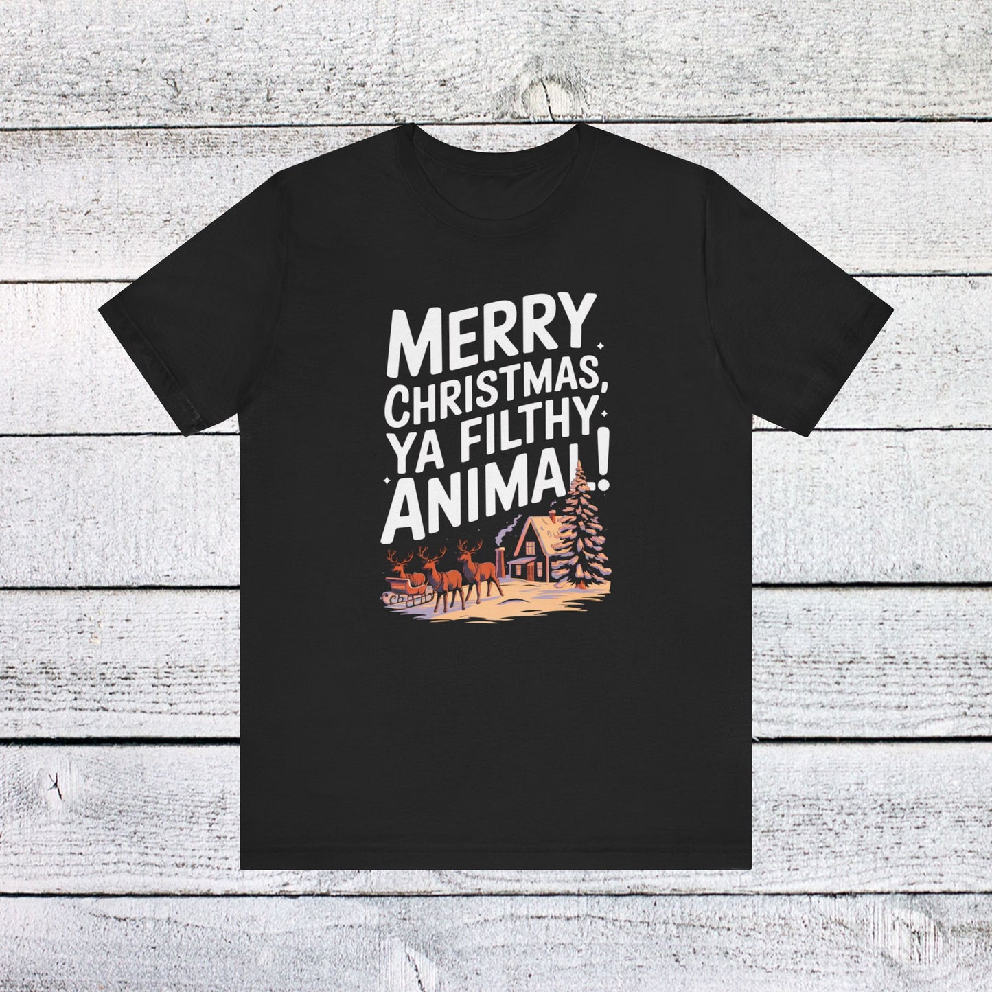 men & women christmas t-shirt. merry christmas ya filthy animal. unisex christmas t-shirt.